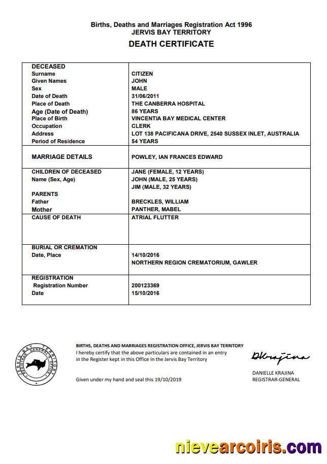 Australia Jervis Bay Territory death certificate
